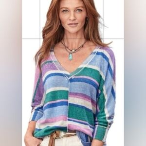 Sundance  Johanna Indigo Striped  Multicolor V-Neck  Oversized Sweater Size S